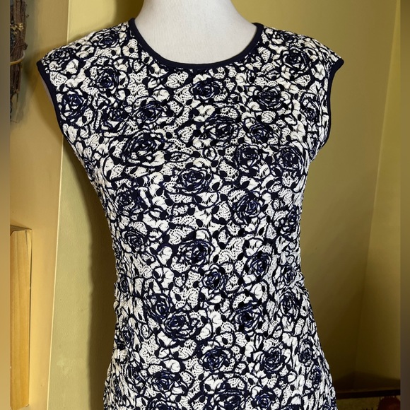 REISS Size 6 Ralli Sheath Dress Lace Allover Stretch Blue White Ruched Waist - Picture 3 of 16
